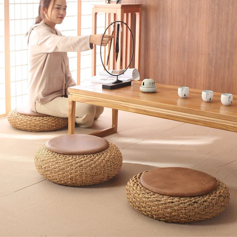 Knitted Round Pouf Ottoman - Rustic Floor Cushion Stool