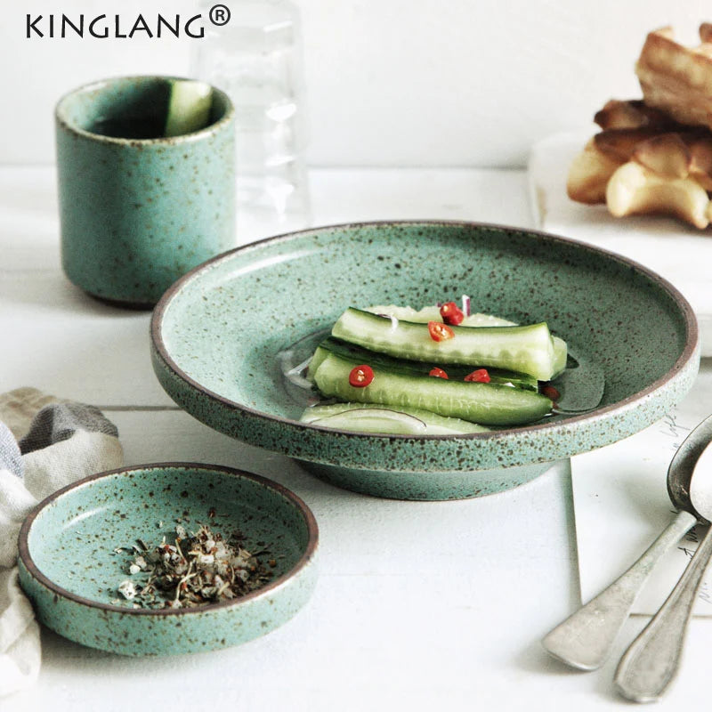 Retro Handmade Ceramic Plate - Japanese Green Steak and Salad Dish