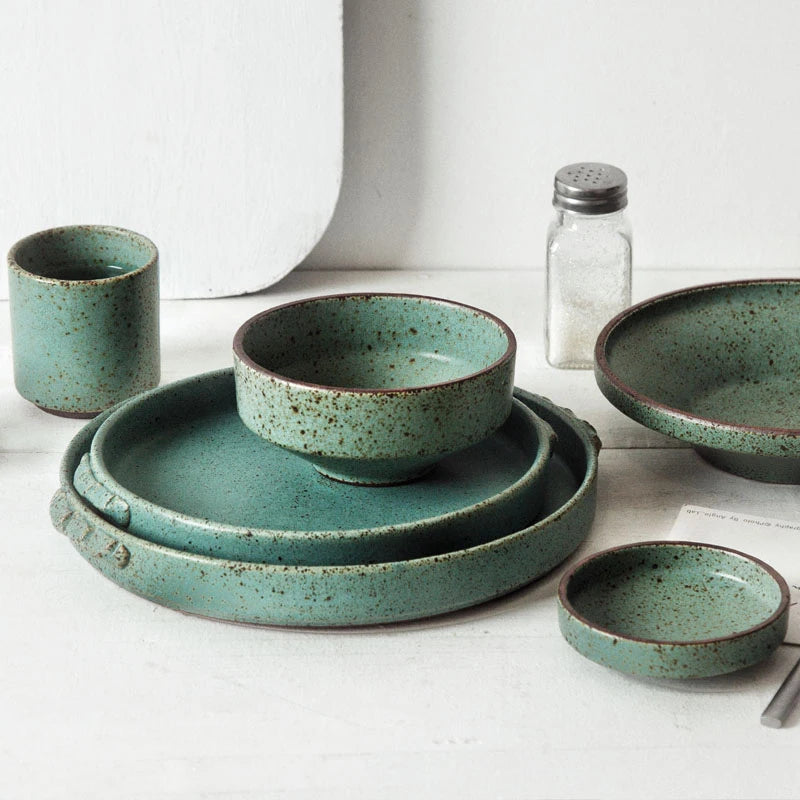 Retro Handmade Ceramic Plate - Japanese Green Steak and Salad Dish