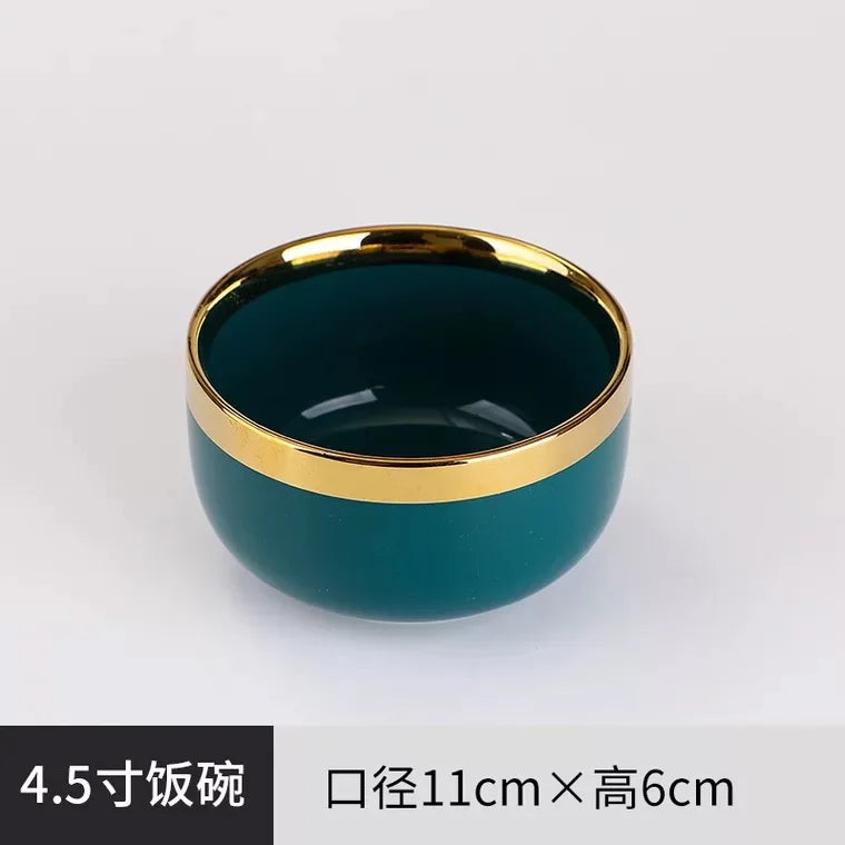 Green Ceramic Dinner Set - Nordic Gold Rim Tableware Collection