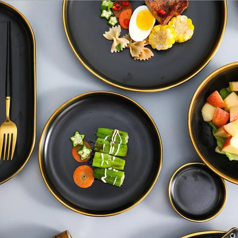 Black Porcelain Dinner Set - Gilt Rim Plates, Bowls & Serveware
