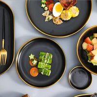 Black Porcelain Dinner Set - Gilt Rim Plates, Bowls & Serveware