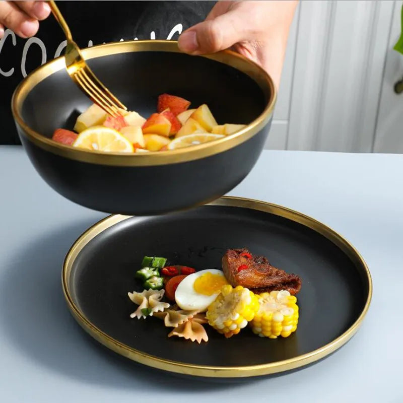 Black Porcelain Dinner Set - Gilt Rim Plates, Bowls & Serveware
