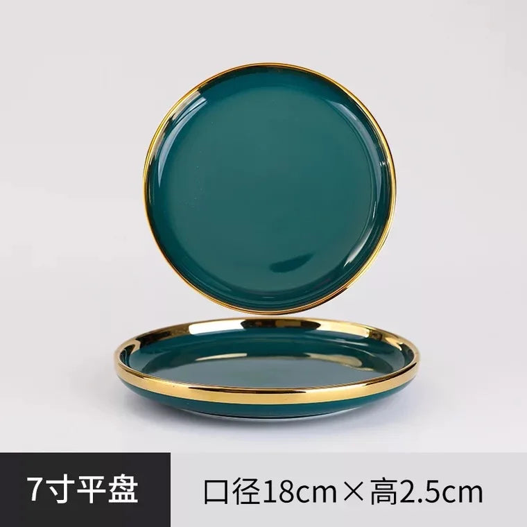 Green Ceramic Dinner Set - Nordic Gold Rim Tableware Collection