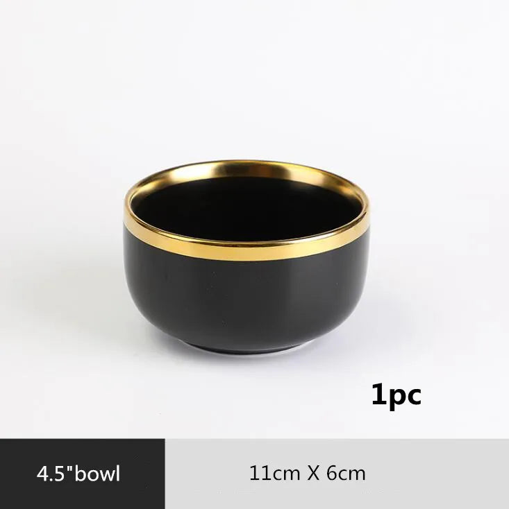 Black Porcelain Dinner Set - Gilt Rim Plates, Bowls & Serveware