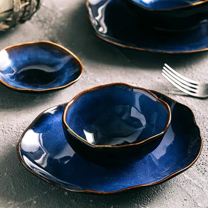 Irregular Ceramic Dinner Set - Blue Tableware for 1 to 4 People