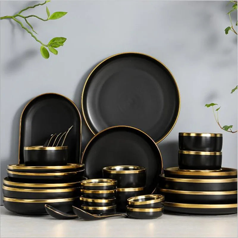 Black Porcelain Dinner Set - Gilt Rim Plates, Bowls & Serveware