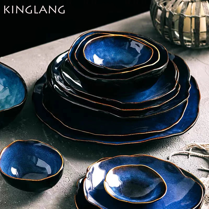 Irregular Ceramic Dinner Set - Blue Tableware for 1 to 4 People
