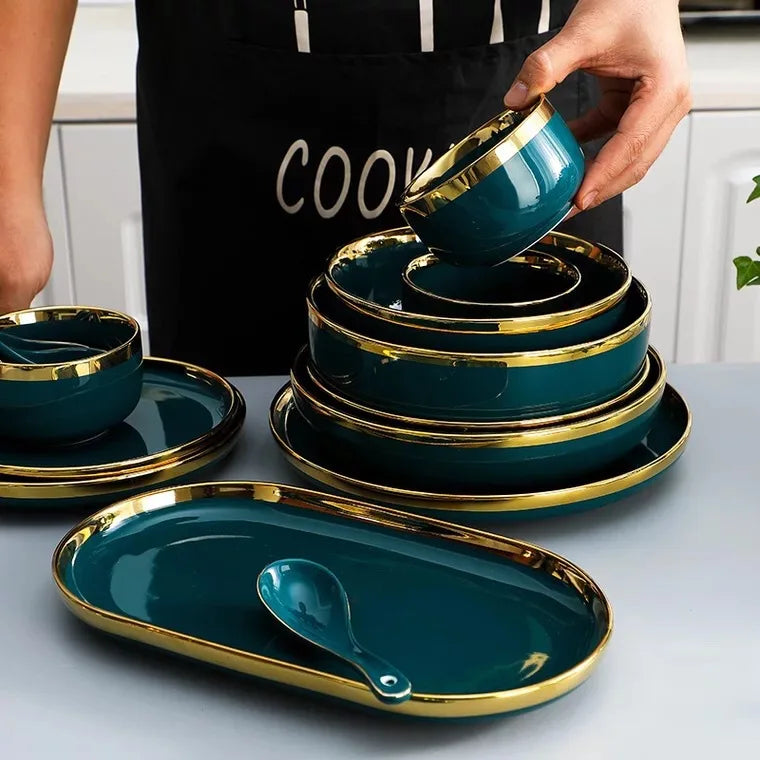 Green Ceramic Dinner Set - Nordic Gold Rim Tableware Collection