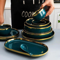 Green Ceramic Dinner Set - Nordic Gold Rim Tableware Collection