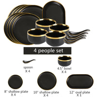 Black Porcelain Dinner Set - Gilt Rim Plates, Bowls & Serveware