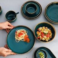 Green Ceramic Dinner Set - Nordic Gold Rim Tableware Collection