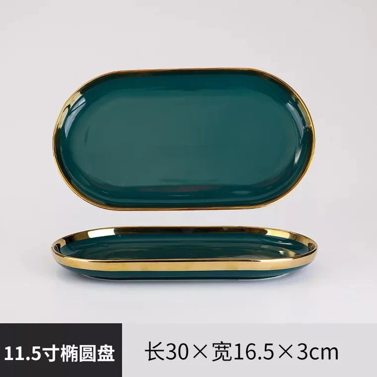 Green Ceramic Dinner Set - Nordic Gold Rim Tableware Collection