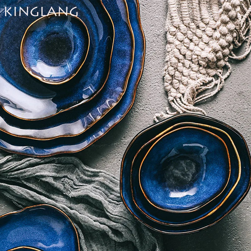 Irregular Ceramic Dinner Set - Blue Tableware for 1 to 4 People