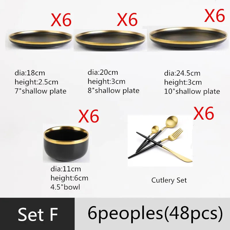 Black Porcelain Dinner Set - Gilt Rim Plates, Bowls & Serveware