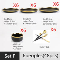 Black Porcelain Dinner Set - Gilt Rim Plates, Bowls & Serveware