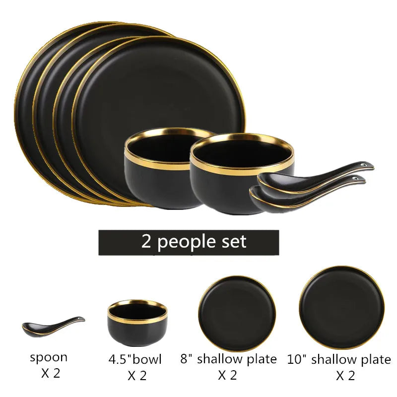 Black Porcelain Dinner Set - Gilt Rim Plates, Bowls & Serveware