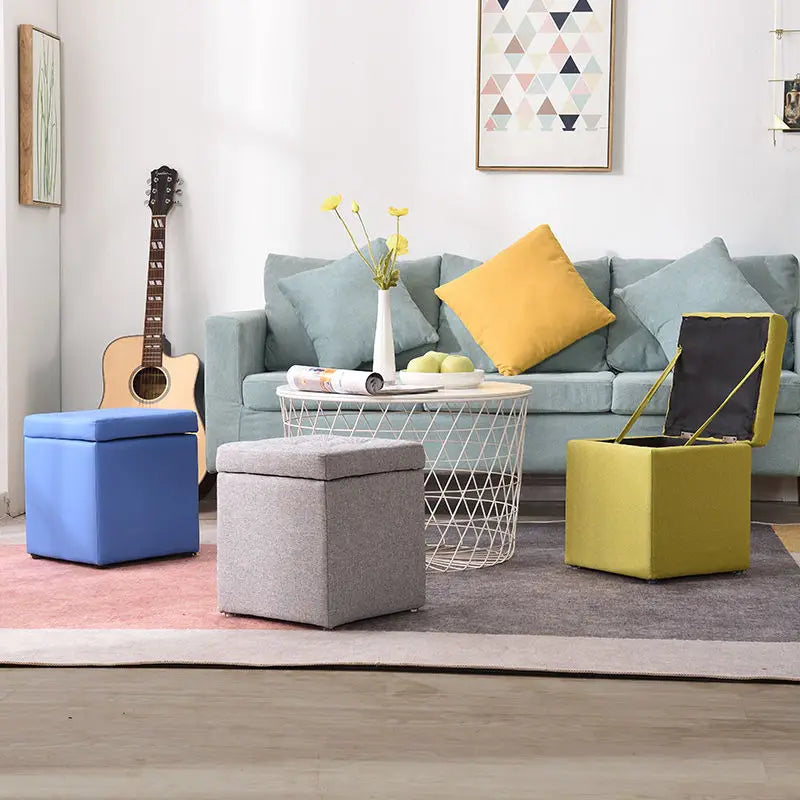 Folding Storage Ottoman - Portable PU Leather Stool