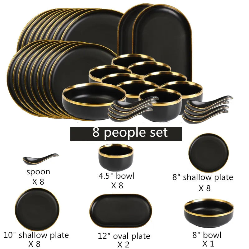 Black Porcelain Dinner Set - Gilt Rim Plates, Bowls & Serveware