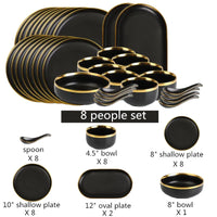 Black Porcelain Dinner Set - Gilt Rim Plates, Bowls & Serveware