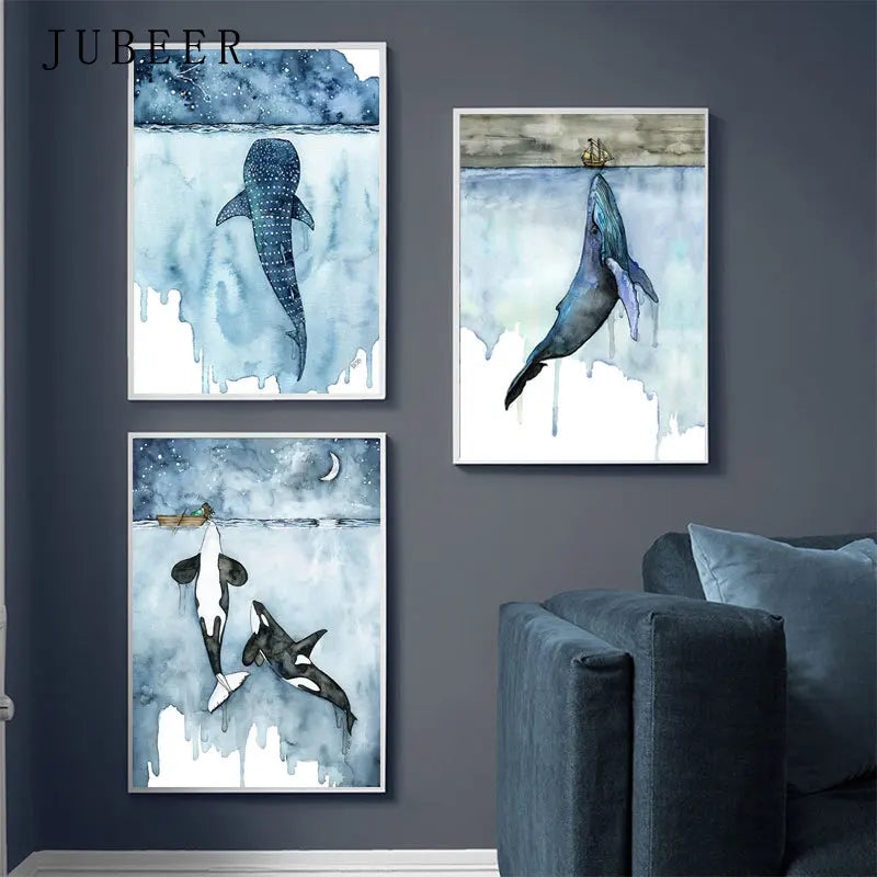 Nordic Whale Watercolor Canvas Wall Art - Sea Animal Poster