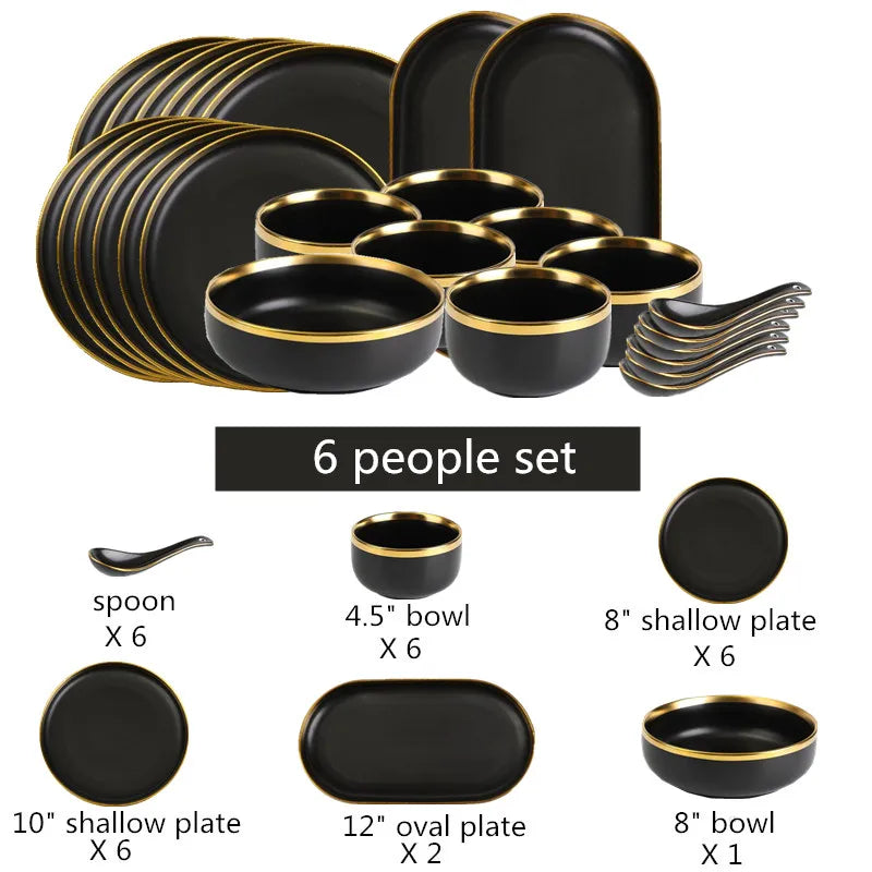 Black Porcelain Dinner Set - Gilt Rim Plates, Bowls & Serveware