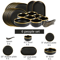 Black Porcelain Dinner Set - Gilt Rim Plates, Bowls & Serveware