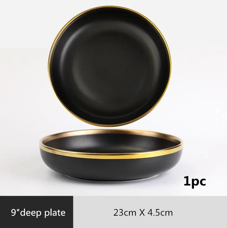 Black Porcelain Dinner Set - Gilt Rim Plates, Bowls & Serveware