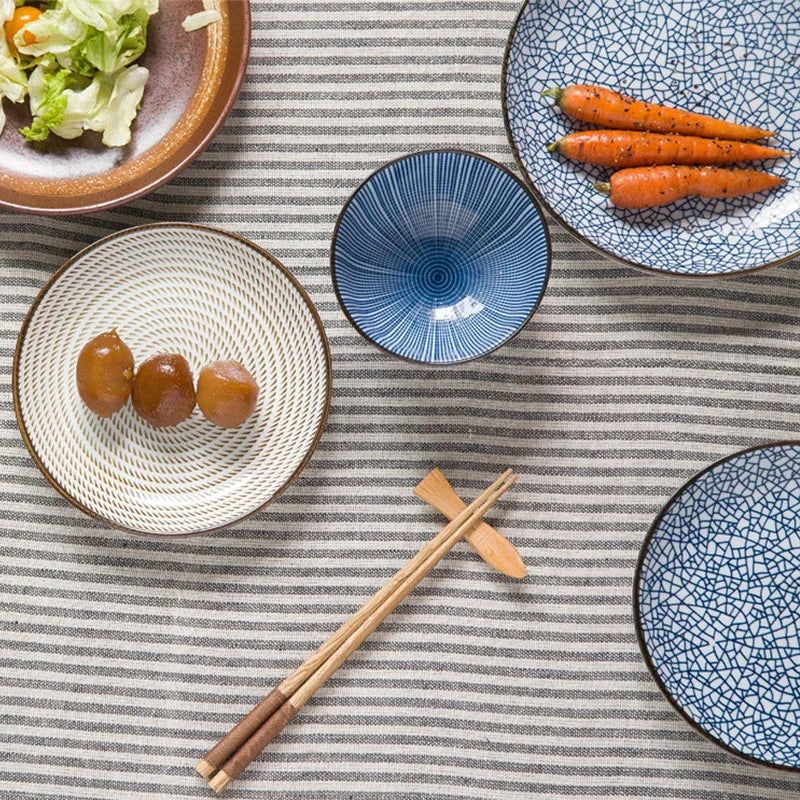 7-Piece Japanese Porcelain Dinner Set - Blue Couple Tableware Collection
