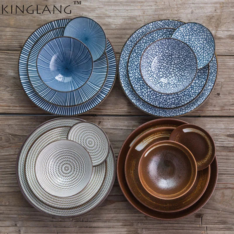 7-Piece Japanese Porcelain Dinner Set - Blue Couple Tableware Collection