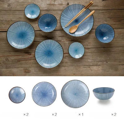 7-Piece Japanese Porcelain Dinner Set - Blue Couple Tableware Collection