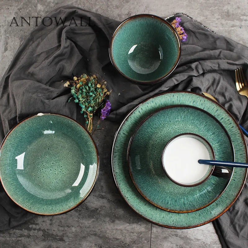Peacock Pattern Dinnerware Set - Kiln-Glazed Ceramic Plates & Bowls