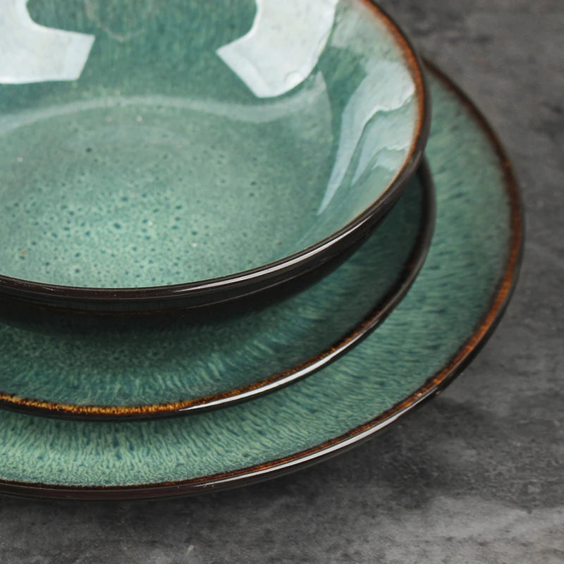 Peacock Pattern Dinnerware Set - Kiln-Glazed Ceramic Plates & Bowls