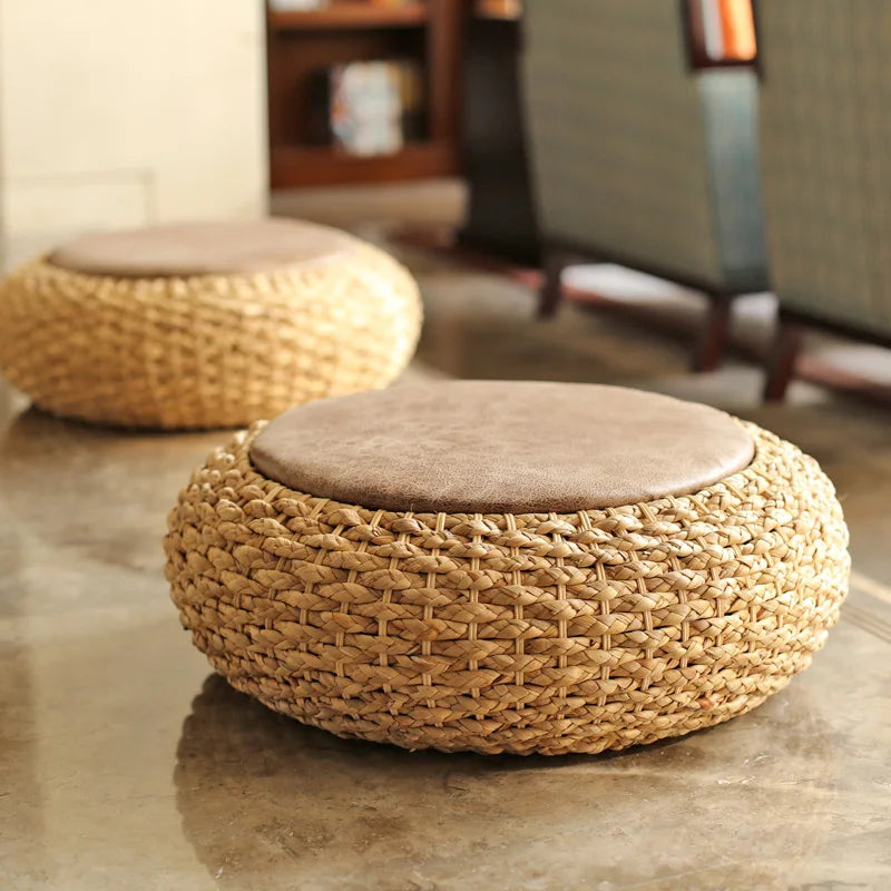 Knitted Round Pouf Ottoman - Rustic Floor Cushion Stool