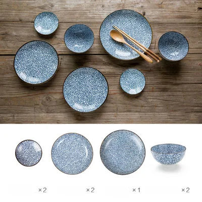 7-Piece Japanese Porcelain Dinner Set - Blue Couple Tableware Collection