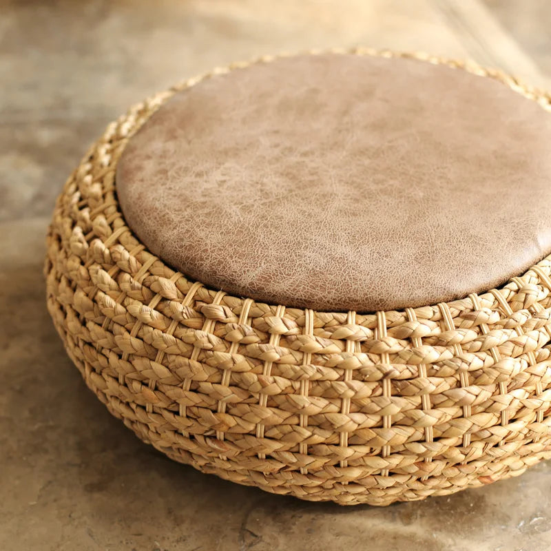 Knitted Round Pouf Ottoman - Rustic Floor Cushion Stool