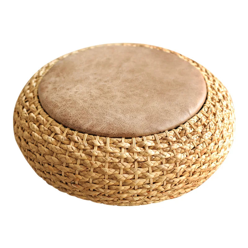 Knitted Round Pouf Ottoman - Rustic Floor Cushion Stool