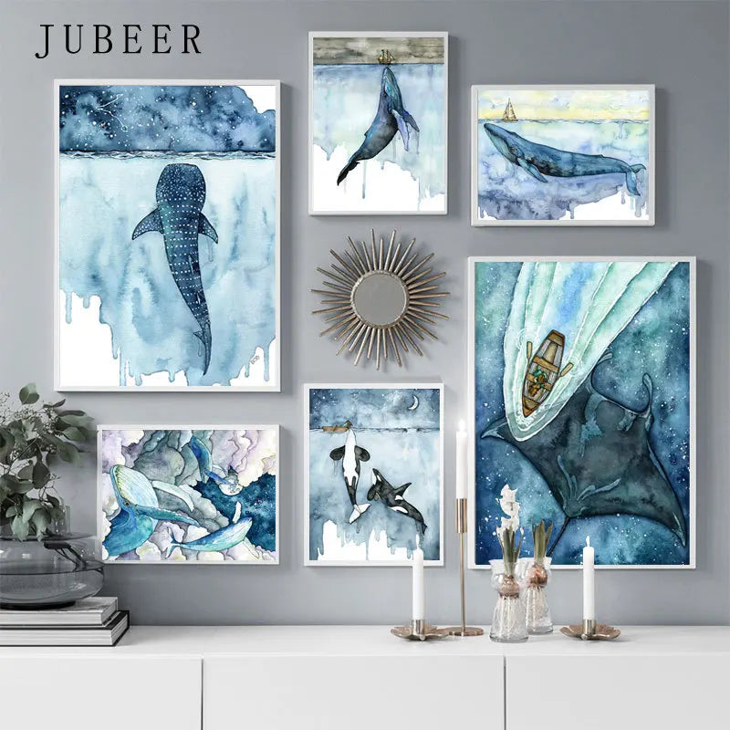 Nordic Whale Watercolor Canvas Wall Art - Sea Animal Poster