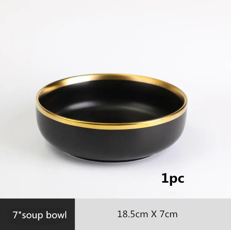 Black Porcelain Dinner Set - Gilt Rim Plates, Bowls & Serveware