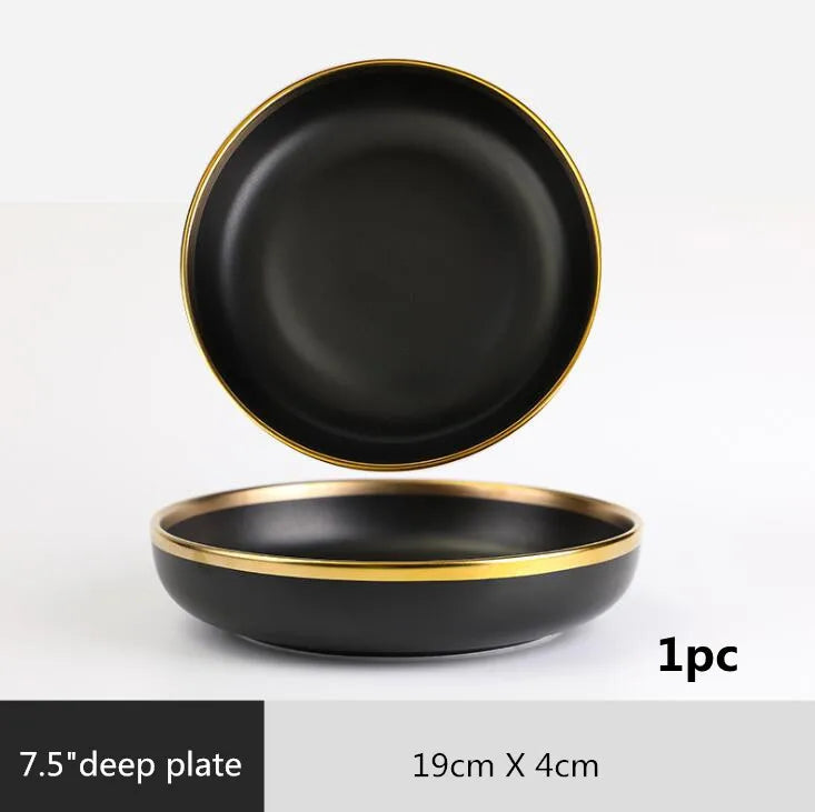 Black Porcelain Dinner Set - Gilt Rim Plates, Bowls & Serveware