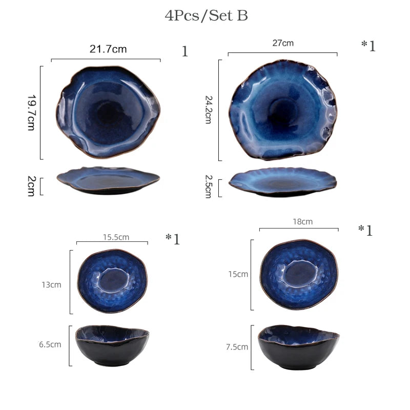 Irregular Ceramic Dinner Set - Blue Tableware for 1 to 4 People