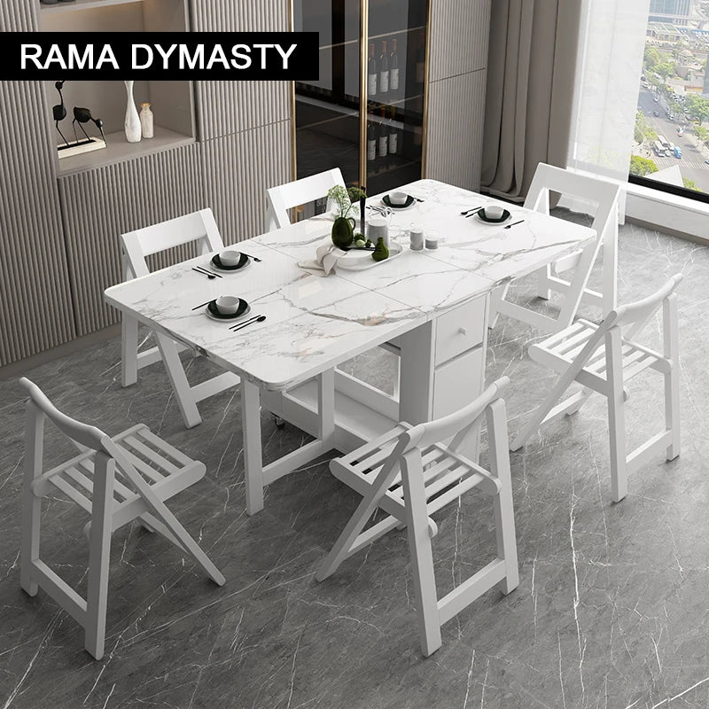 Foldable Dining Table Set - White Multifunction Rectangle Table with Chairs