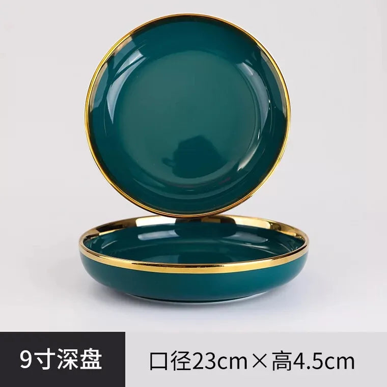 Green Ceramic Dinner Set - Nordic Gold Rim Tableware Collection