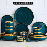 Green Ceramic Dinner Set - Nordic Gold Rim Tableware Collection