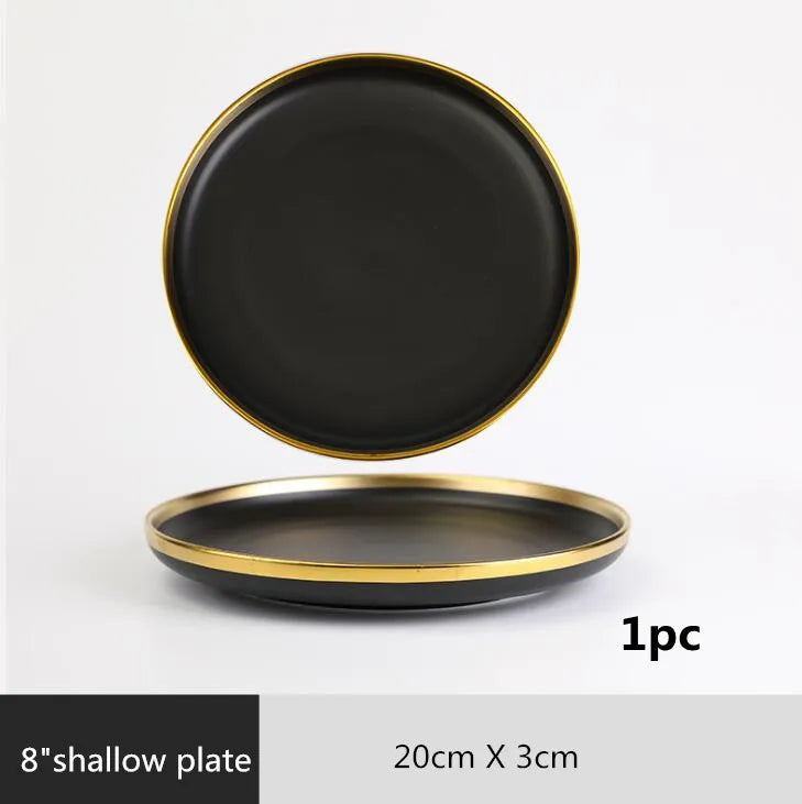 Black Porcelain Dinner Set - Gilt Rim Plates, Bowls & Serveware