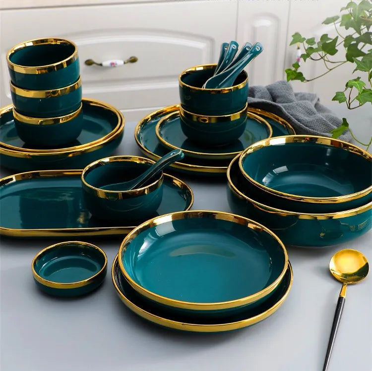 Green Ceramic Dinner Set - Nordic Gold Rim Tableware Collection