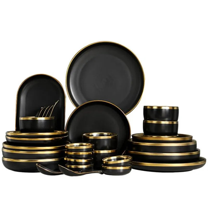 Black Porcelain Dinner Set - Gilt Rim Plates, Bowls & Serveware