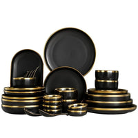 Black Porcelain Dinner Set - Gilt Rim Plates, Bowls & Serveware