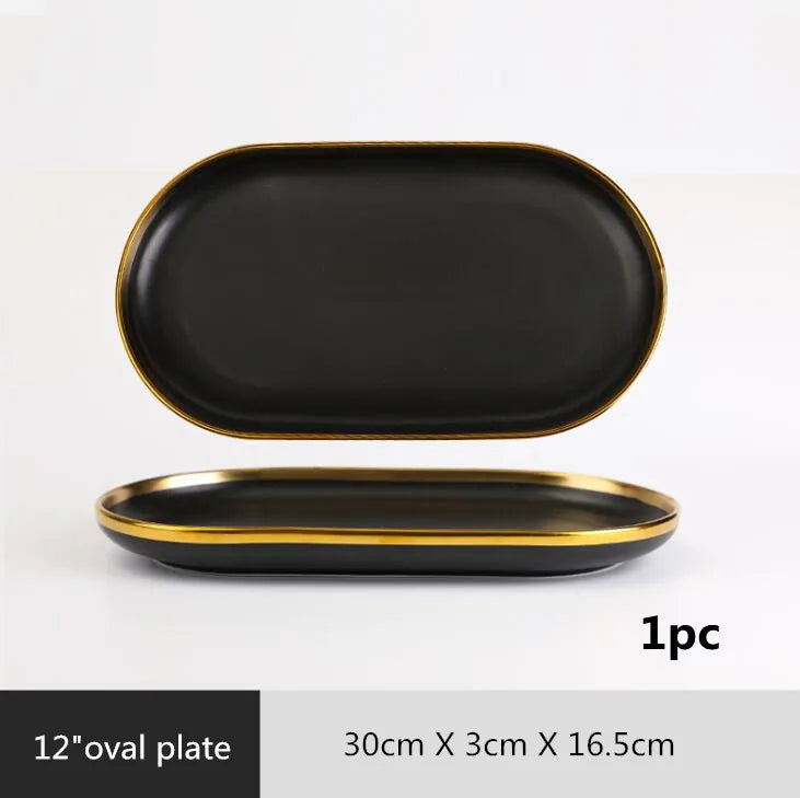 Black Porcelain Dinner Set - Gilt Rim Plates, Bowls & Serveware