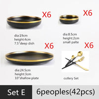Black Porcelain Dinner Set - Gilt Rim Plates, Bowls & Serveware